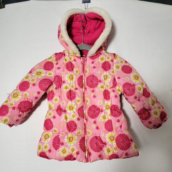 London Fog Girls Puffer Jacket Sz4 Hooded Zip Closure Pockets Fleece Lined Pink - Picture 1 of 13